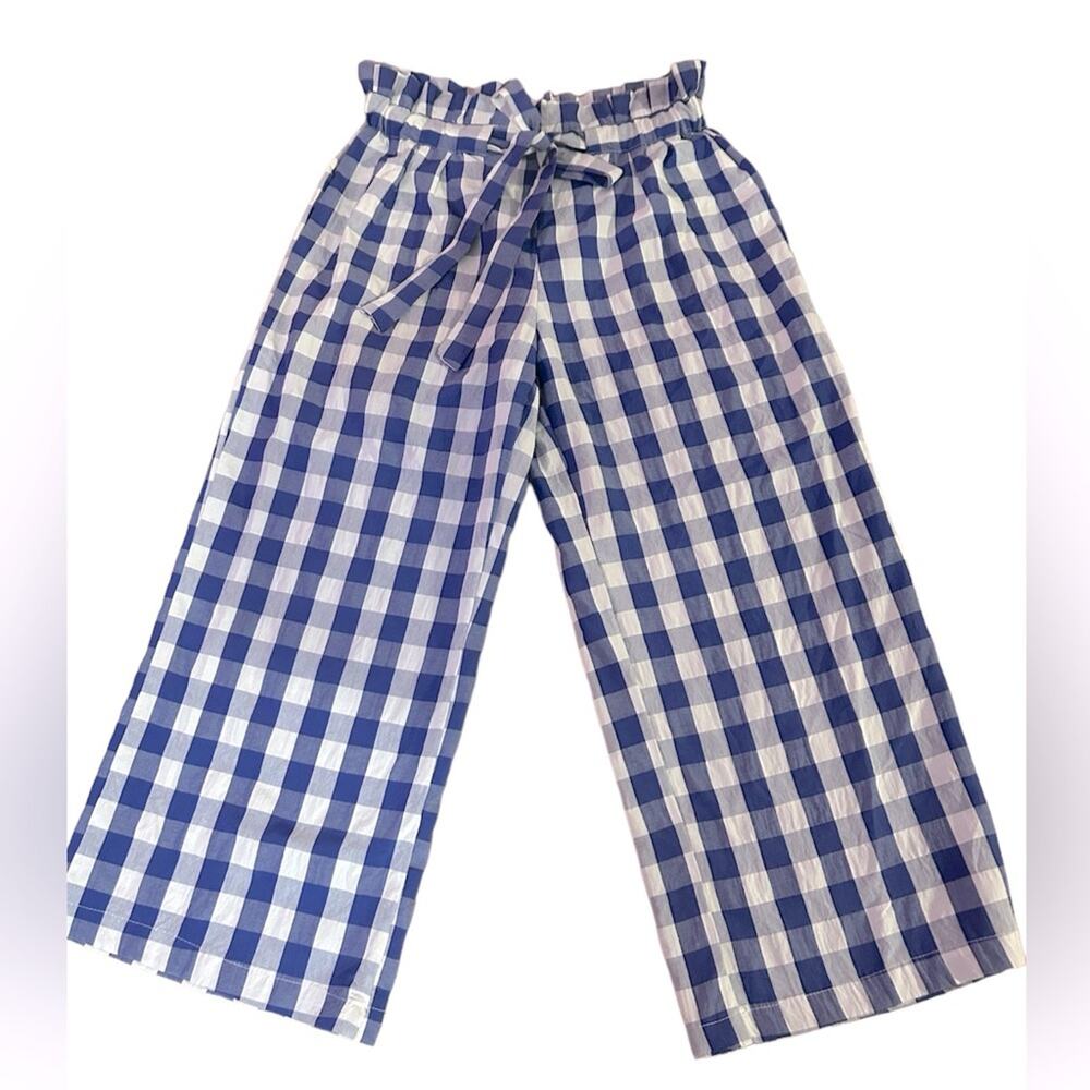 Joie wide leg blue and white gingham wide cropped paper bag waist pants. Size M